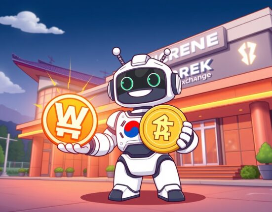 Cartoon illustration of the Bithumb STABLE listing as a robot presents a stablecoin and Korean won.