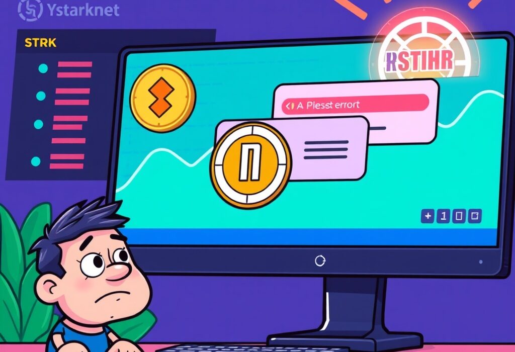 A cartoon illustrating the urgent Bithumb STRK suspension due to a network issue, showing a paused transaction and a concerned user.