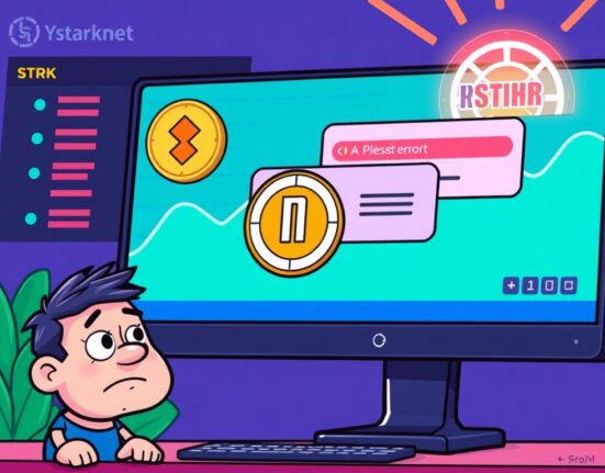 A cartoon illustrating the urgent Bithumb STRK suspension due to a network issue, showing a paused transaction and a concerned user.