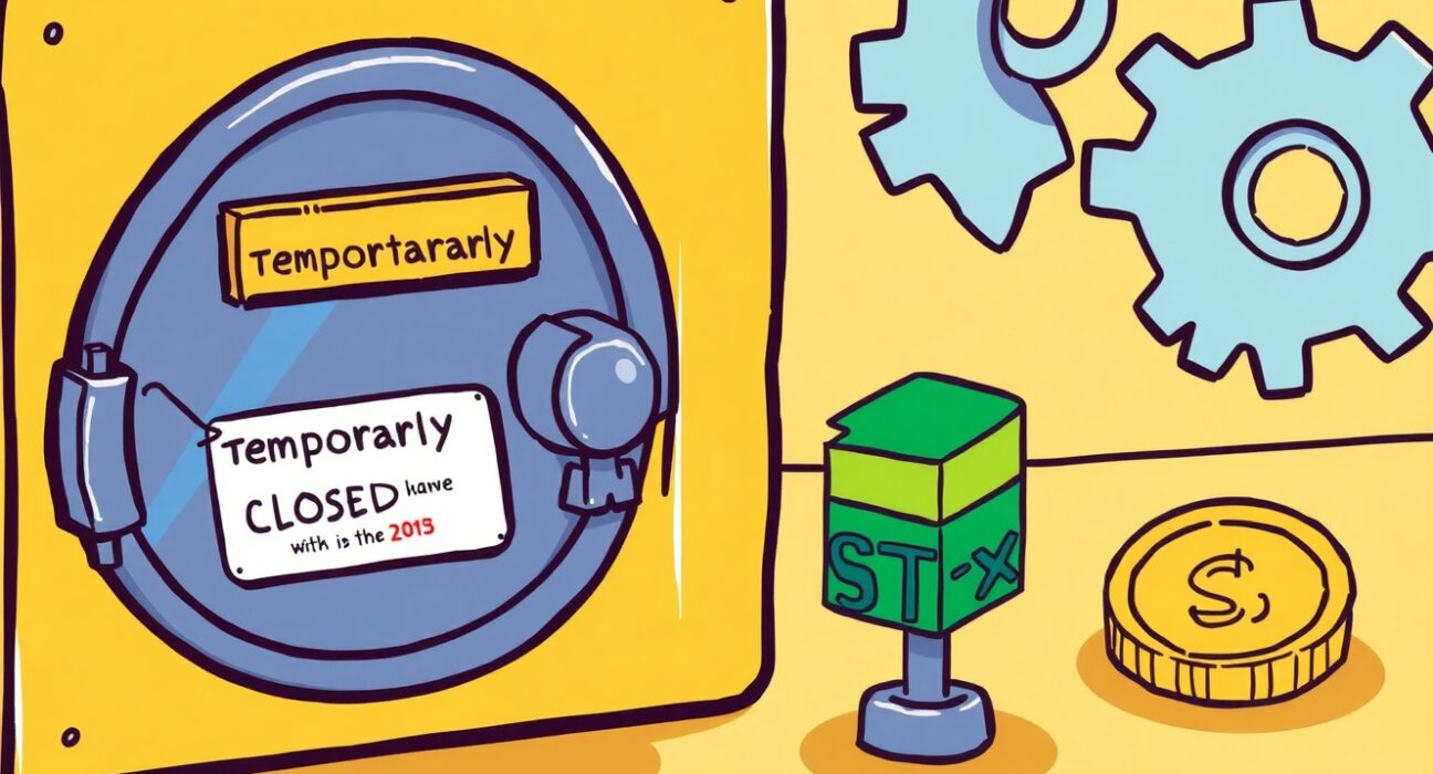 A cartoon illustration depicting a temporary Bithumb STX suspension for a major mainnet upgrade.