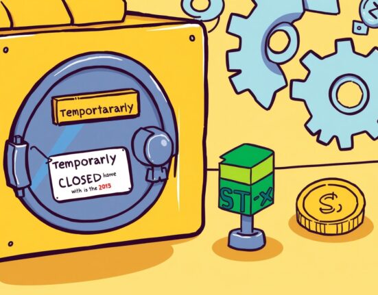 A cartoon illustration depicting a temporary Bithumb STX suspension for a major mainnet upgrade.