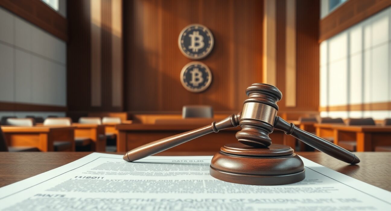 Courtroom scene representing Bithumb's lawsuit against South Korea's FIU over crypto exchange suspension.