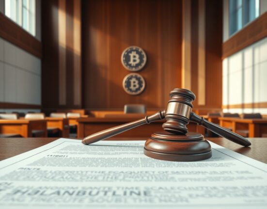 Courtroom scene representing Bithumb's lawsuit against South Korea's FIU over crypto exchange suspension.