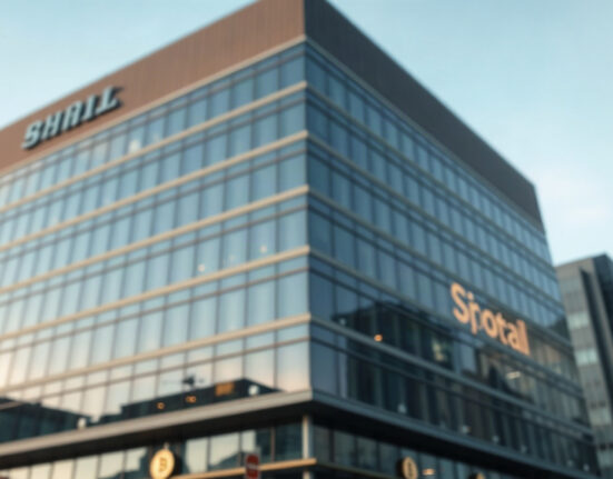 Bithumb exchange building in Seoul with digital currency symbols