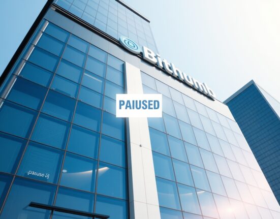 Bithumb exchange building in Seoul with digital withdrawal pause overlay