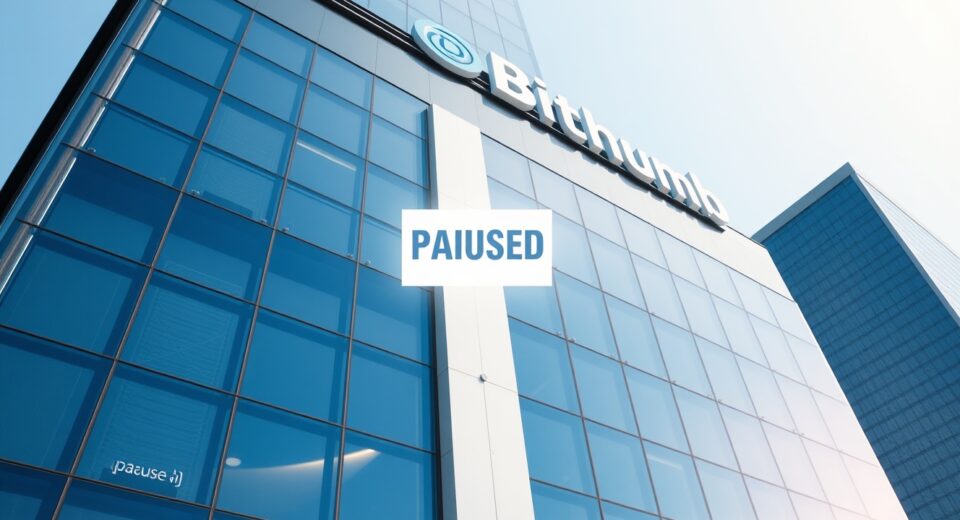 Bithumb exchange building in Seoul with digital withdrawal pause overlay