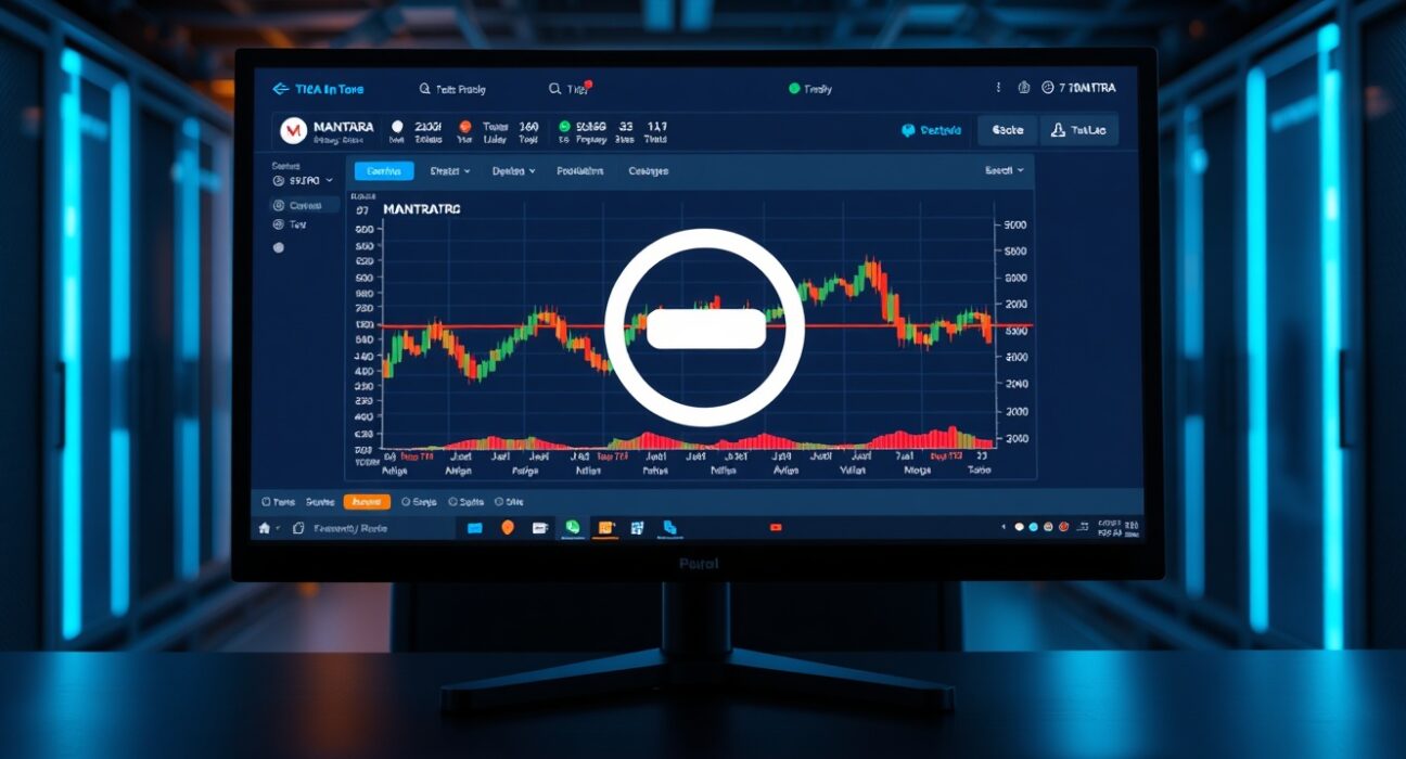 Bithumb exchange interface showing maintenance mode for MANTRA token on a monitor in a professional office setting