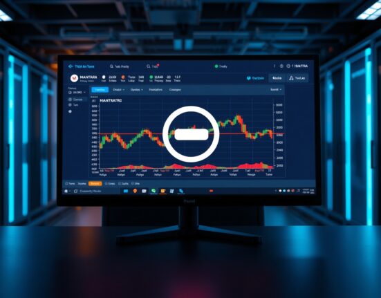 Bithumb exchange interface showing maintenance mode for MANTRA token on a monitor in a professional office setting