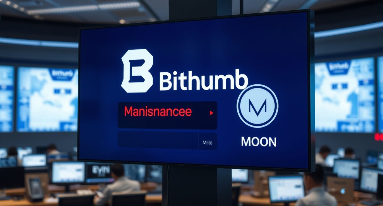 Bithumb exchange trading floor with digital display showing Monad (MON) suspended status