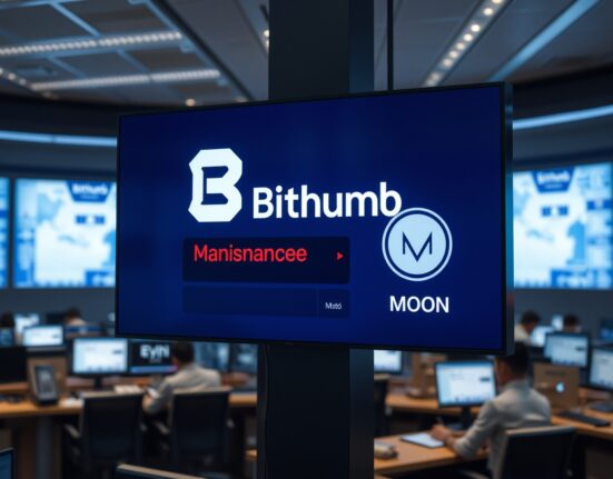 Bithumb exchange trading floor with digital display showing Monad (MON) suspended status