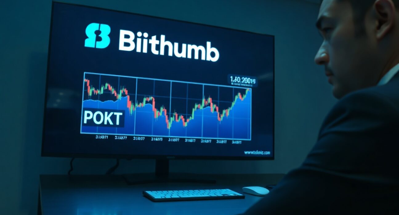 Bithumb exchange screen showing POKT price chart with trader monitoring the market