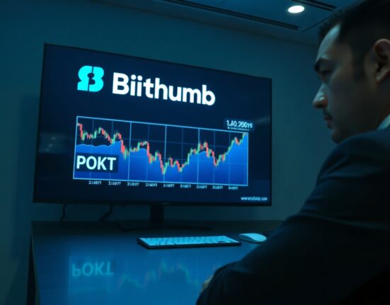 Bithumb exchange screen showing POKT price chart with trader monitoring the market