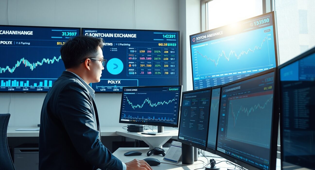 Bithumb exchange operations center with screens showing POLYX token and blockchain network status during scheduled maintenance