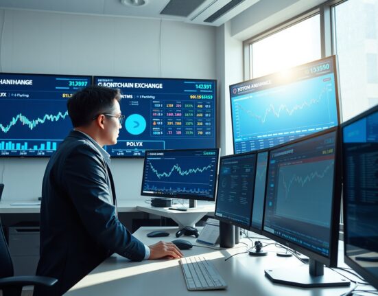 Bithumb exchange operations center with screens showing POLYX token and blockchain network status during scheduled maintenance