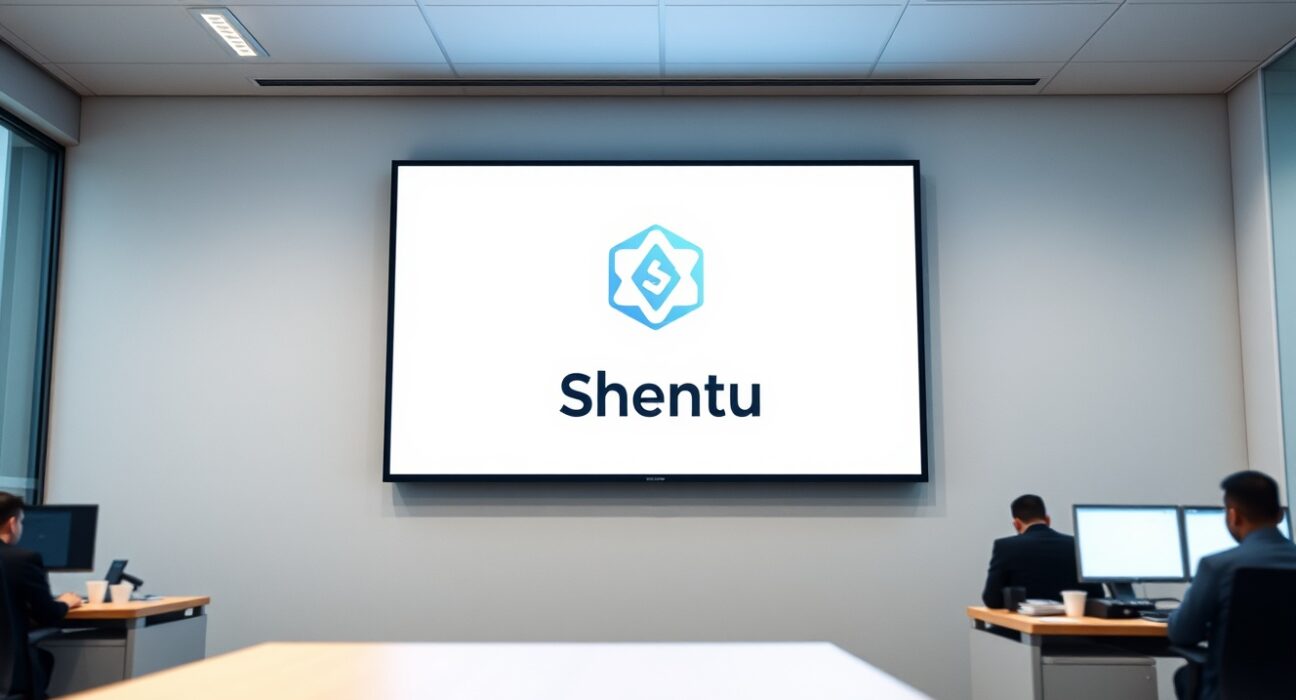 Bithumb exchange office with a digital screen showing a network upgrade notice for Shentu CTK