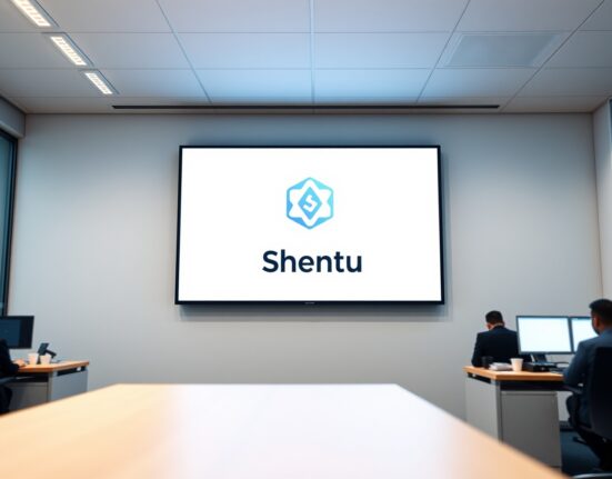 Bithumb exchange office with a digital screen showing a network upgrade notice for Shentu CTK