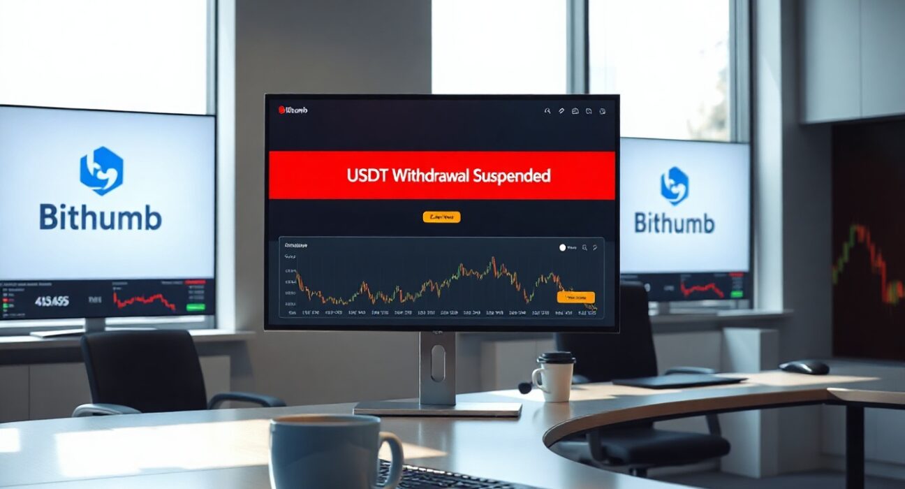 Bithumb exchange office with digital screen showing USDT withdrawal suspension notice on Kaia network