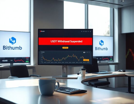 Bithumb exchange office with digital screen showing USDT withdrawal suspension notice on Kaia network