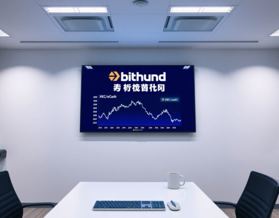 Bithumb exchange office with digital screen showing XEC trading suspension announcement