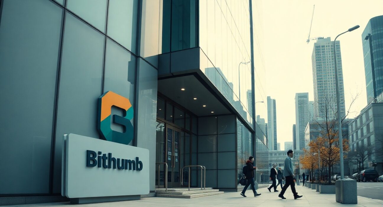 Exterior of Bithumb office building in Seoul, South Korea, on a cloudy morning.