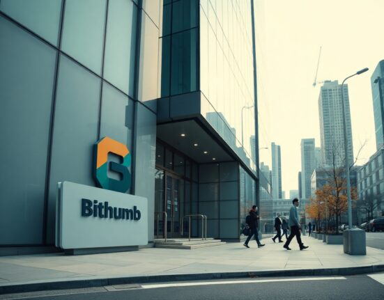 Exterior of Bithumb office building in Seoul, South Korea, on a cloudy morning.