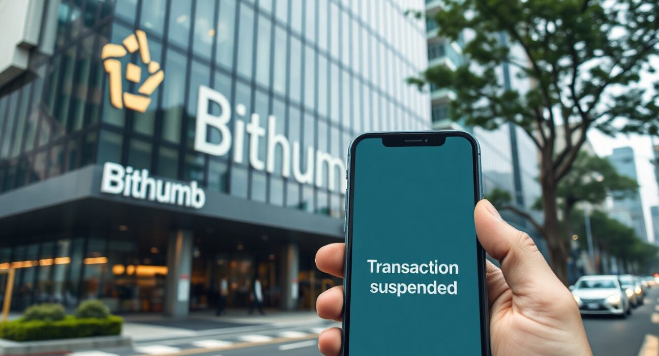 Bithumb exchange building in Seoul with a smartphone showing a suspended transaction icon, representing the ATOM deposit and withdrawal pause.