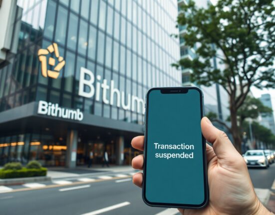 Bithumb exchange building in Seoul with a smartphone showing a suspended transaction icon, representing the ATOM deposit and withdrawal pause.