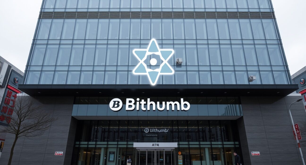 Bithumb exchange building in Seoul with Cosmos ATOM logo overlay