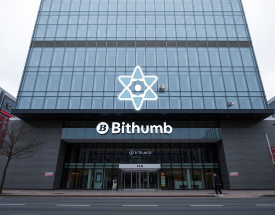 Bithumb exchange building in Seoul with Cosmos ATOM logo overlay