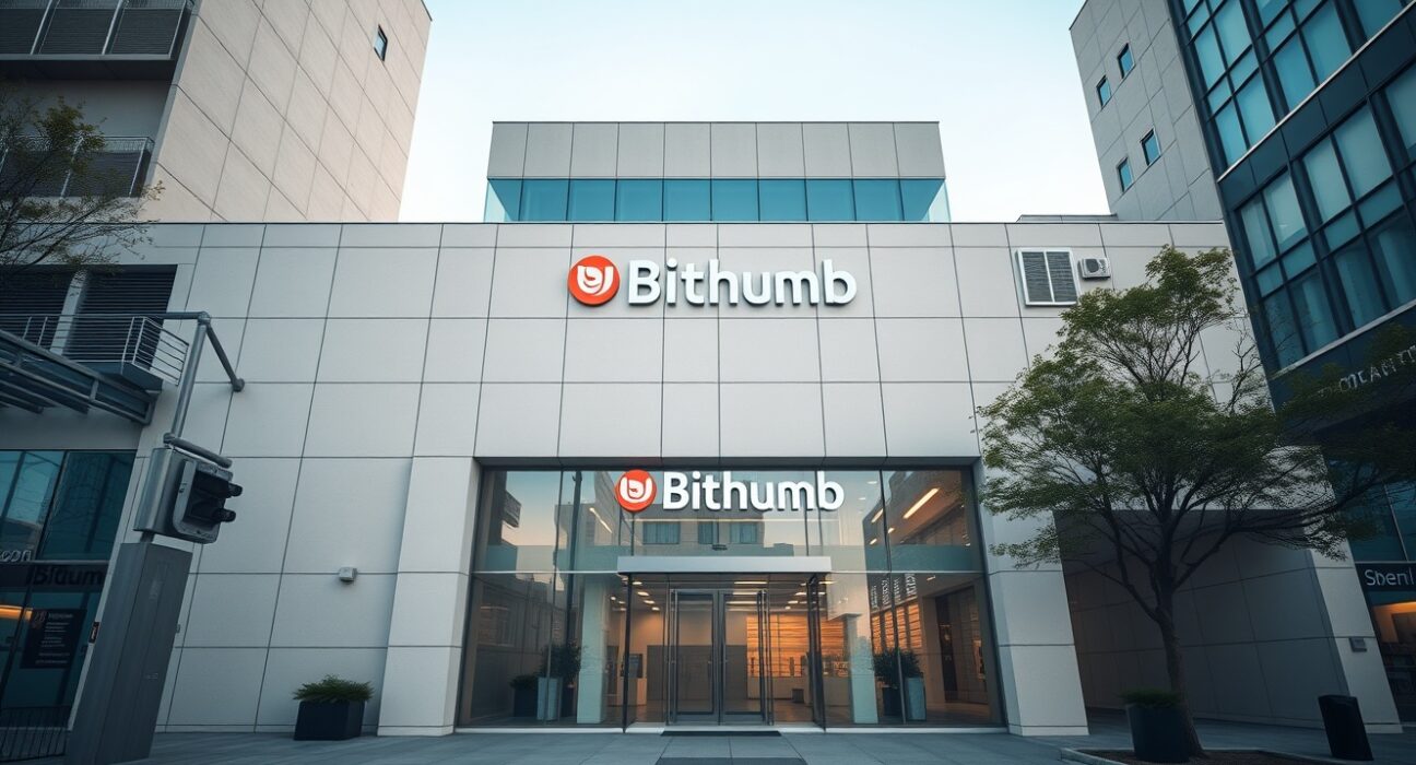 Exterior of a modern financial building in Seoul, South Korea, with Bithumb branding.