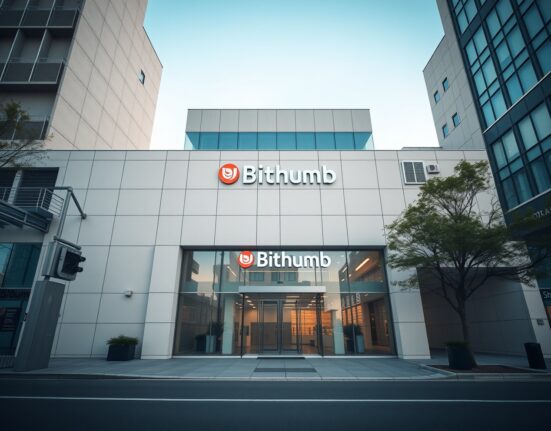 Exterior of a modern financial building in Seoul, South Korea, with Bithumb branding.