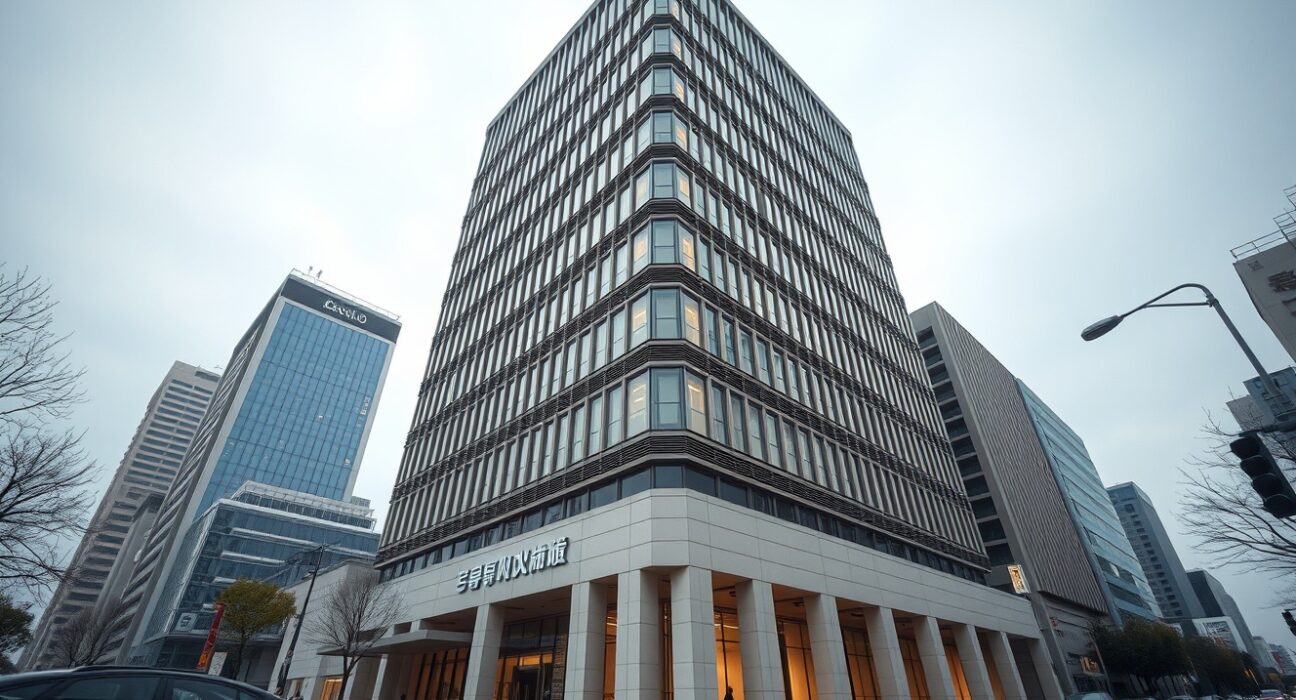 Exterior of a modern financial building in Seoul representing Bithumb's headquarters