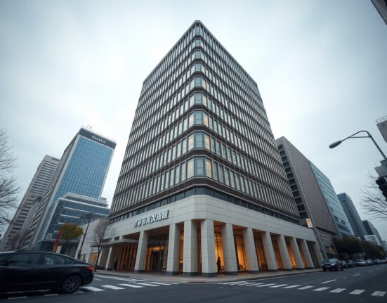 Exterior of a modern financial building in Seoul representing Bithumb's headquarters