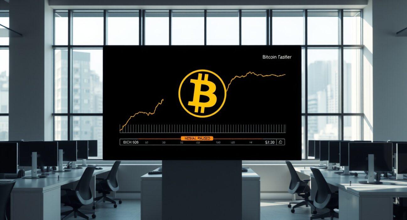 Digital screen showing Bitcoin Cash logo and suspension notice in a modern Seoul office