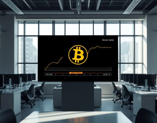 Digital screen showing Bitcoin Cash logo and suspension notice in a modern Seoul office