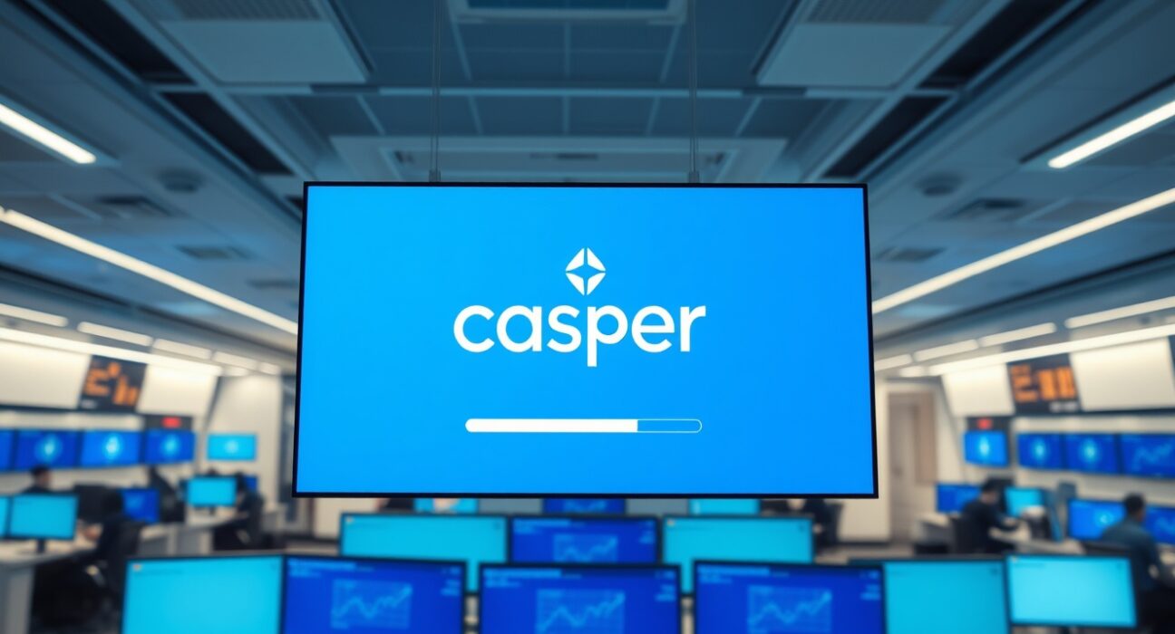 Digital screen displaying Casper (CSPR) logo with a suspended symbol overlay in a modern trading office.