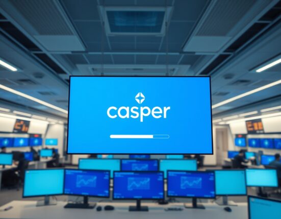 Digital screen displaying Casper (CSPR) logo with a suspended symbol overlay in a modern trading office.
