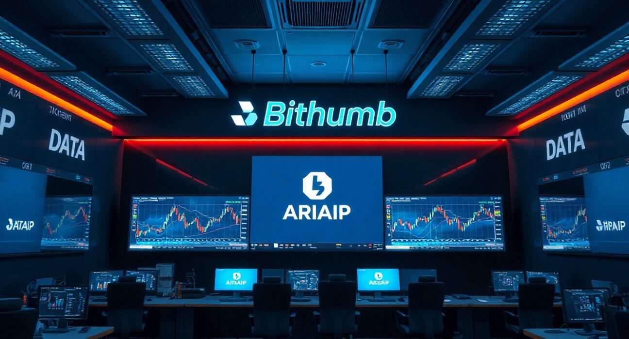 Bithumb exchange operations center with monitors showing DATA and ARIAIP trading charts during wallet maintenance.