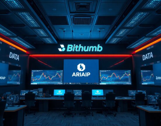 Bithumb exchange operations center with monitors showing DATA and ARIAIP trading charts during wallet maintenance.