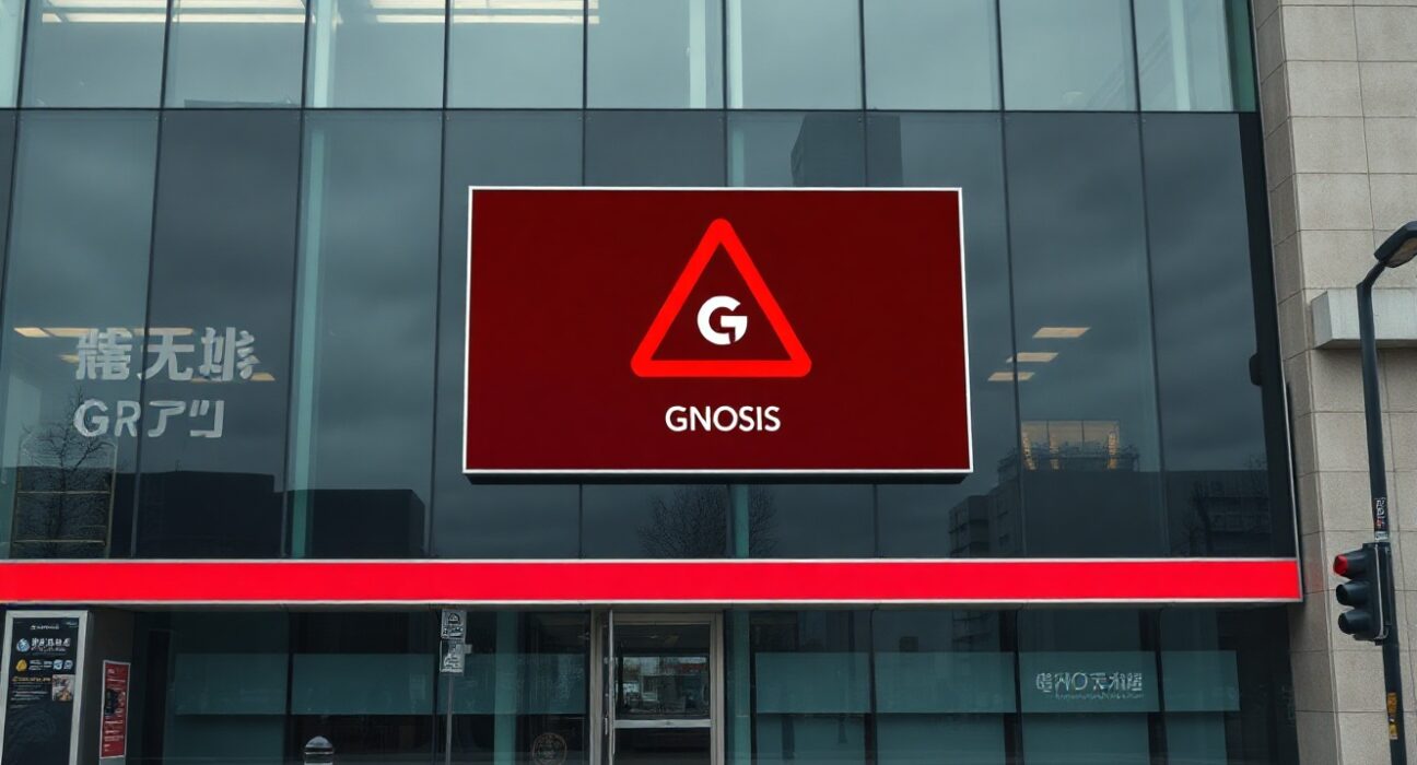 Bithumb exchange building exterior with a digital warning screen displaying Gnosis GNO token alert