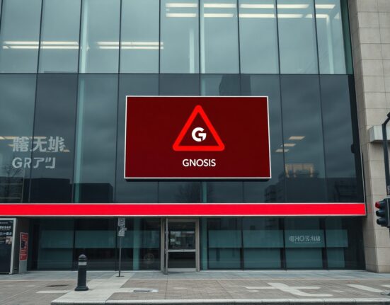 Bithumb exchange building exterior with a digital warning screen displaying Gnosis GNO token alert