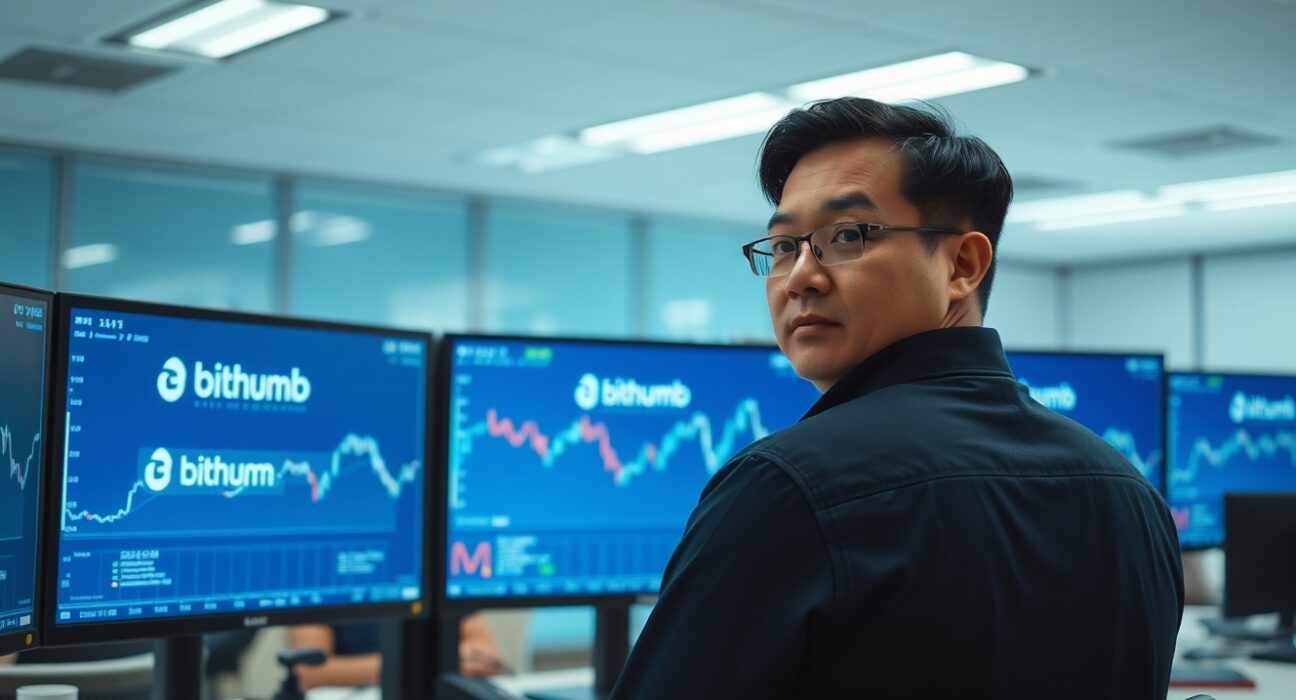 Bithumb trading desk with monitors showing suspended GRAM trading