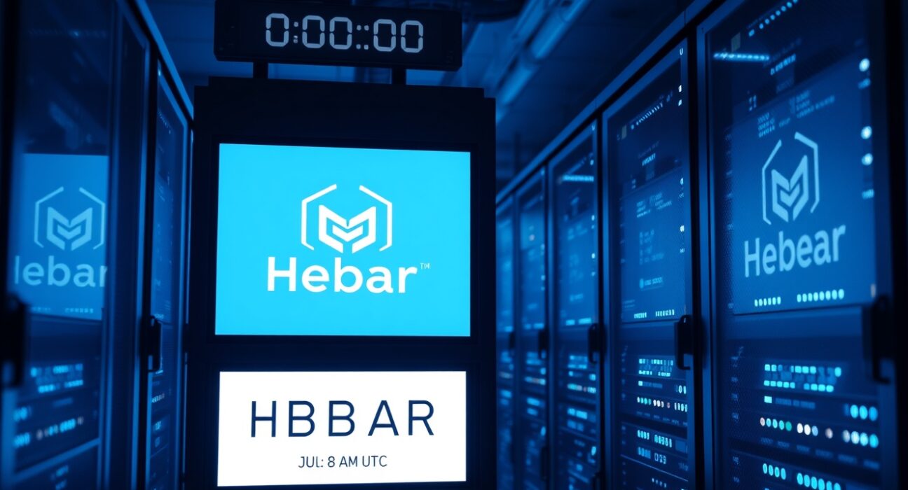 Server room with screens displaying HBAR logo and July 8 upgrade timeline