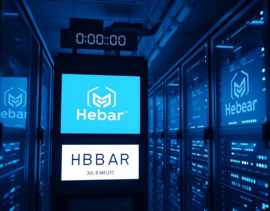 Server room with screens displaying HBAR logo and July 8 upgrade timeline