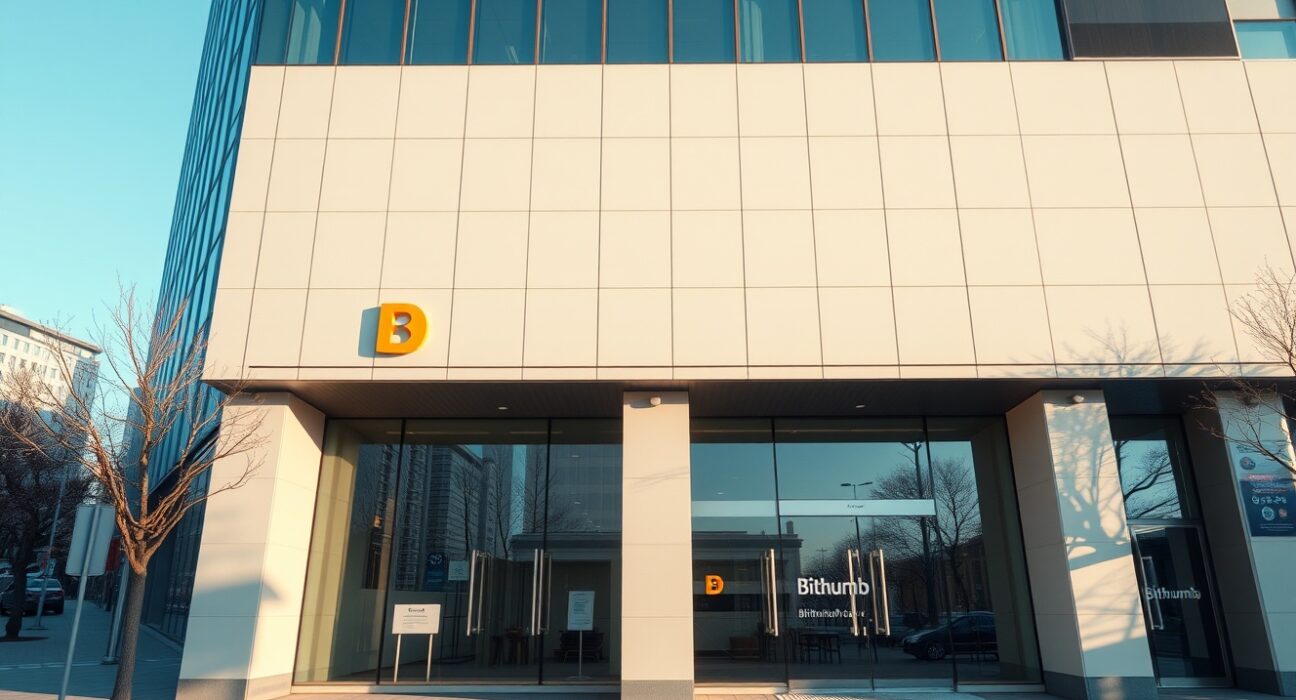 Exterior of a modern financial building in Seoul with Bithumb branding, representing the exchange's announcement