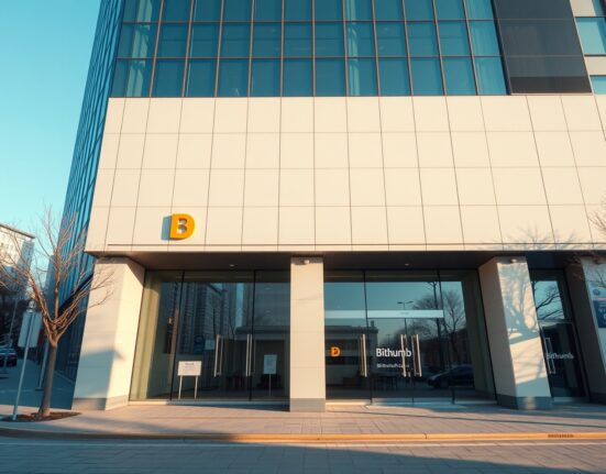 Exterior of a modern financial building in Seoul with Bithumb branding, representing the exchange's announcement