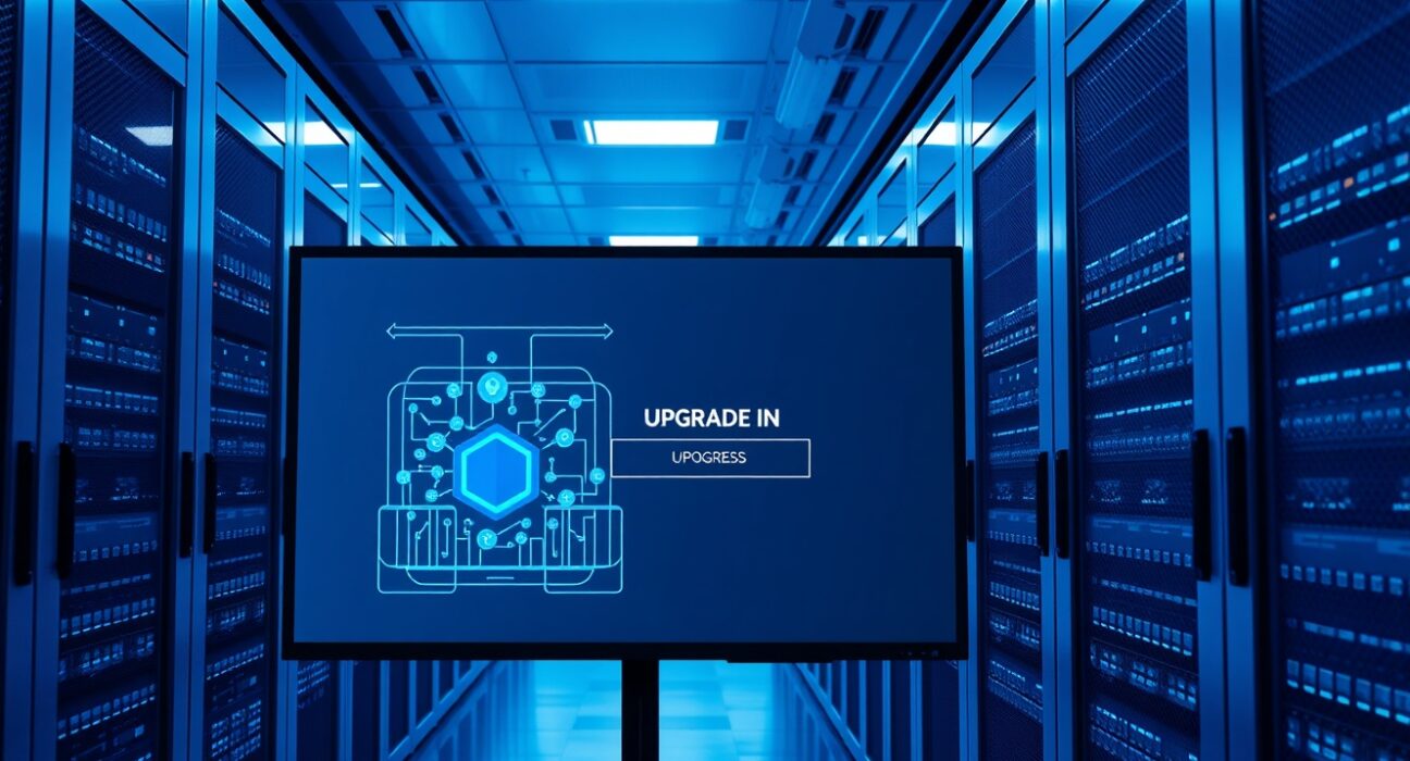 Server room with blockchain network upgrade status on monitor, representing Bithumb's HP suspension for a network upgrade.