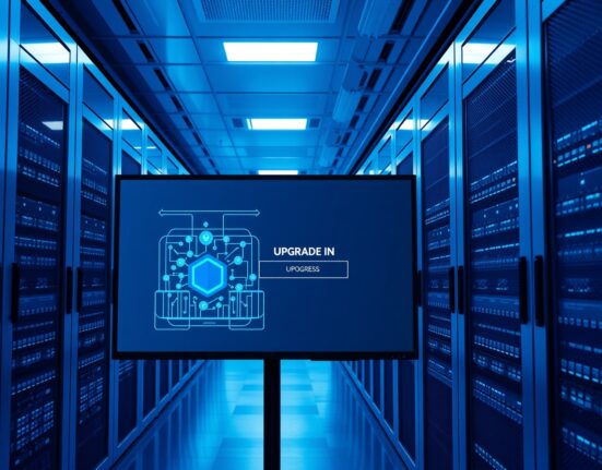 Server room with blockchain network upgrade status on monitor, representing Bithumb's HP suspension for a network upgrade.