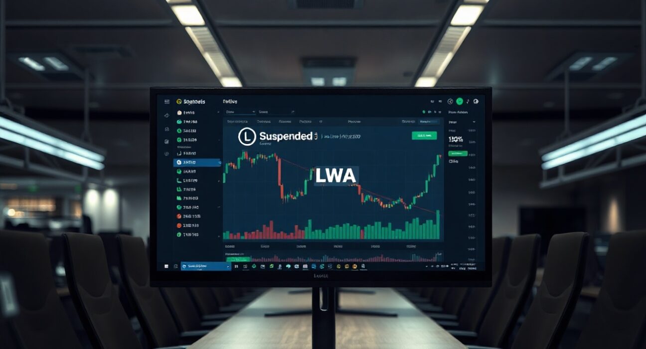 Cryptocurrency exchange interface showing LumiWave (LWA) token suspension notice for rebranding maintenance.