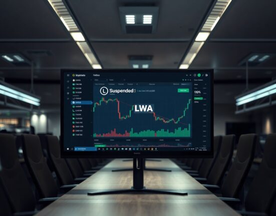 Cryptocurrency exchange interface showing LumiWave (LWA) token suspension notice for rebranding maintenance.